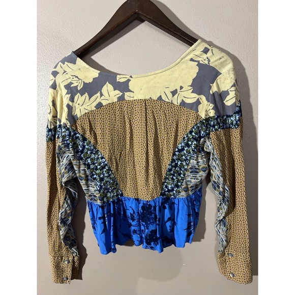 Free People Tan and Blue Ruffled Crop Blouse - Picture 4 of 4
